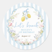 Lemon Blue Bow Floral Birthday Sticker ラウンドシール (正面)