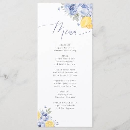 Lemon Blue Floral Bridal Shower Menu Card メニュー (正面)