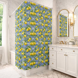 Lemon Blue French Country Watercolor Tile  シャワーカーテン