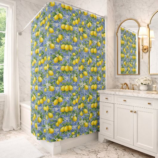 Lemon Blue French Country Watercolor Tile シャワーカーテン