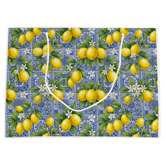 Lemon Blue French Country Watercolor Tile ラージペーパーバッグ (正面)