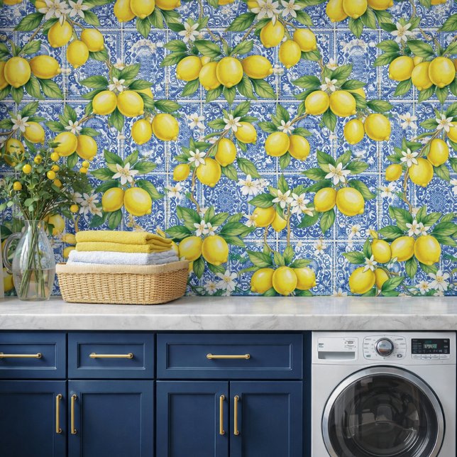 Lemon Blue French Country Watercolor Tile 壁紙 (クリエイターアップロード済み)