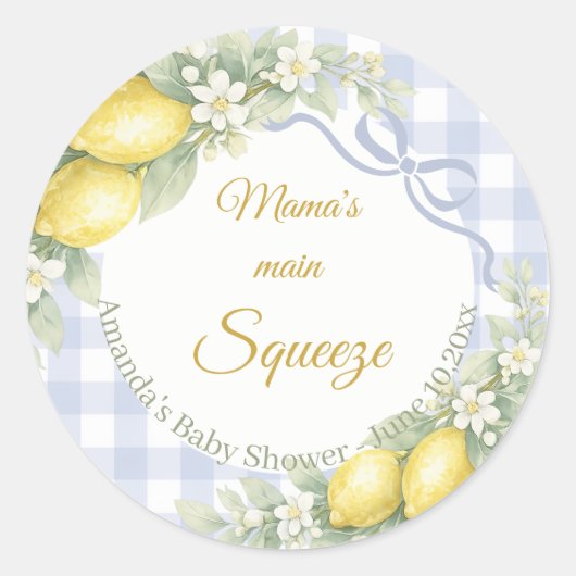 Lemon blue gingham mama's main squeeze Baby Shower ラウンドシール (正面)