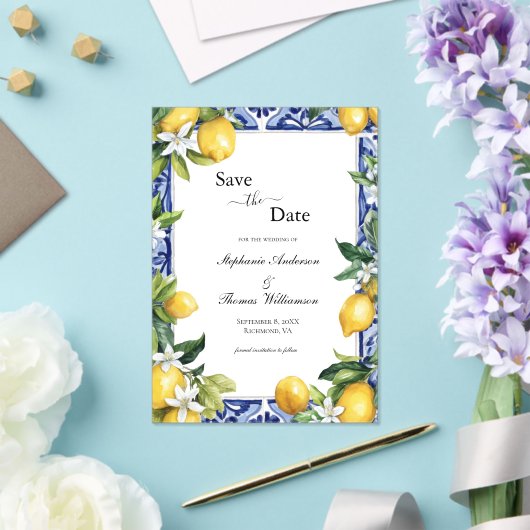 Lemon Blue Mediterranean Wedding The Save Date アクリル招待状 (インサイチュ (ウェディング))