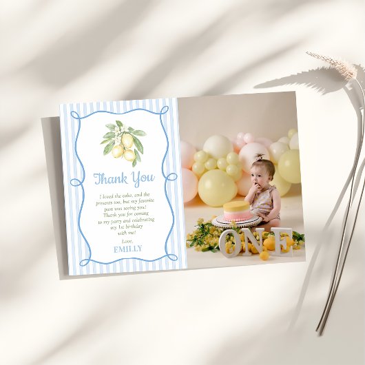 Lemon Blue Stripes Birthday Flat Thank You Card サンキューカード