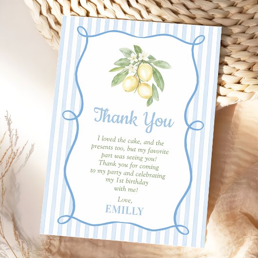 Lemon Blue Stripes Birthday Flat Thank You Card サンキューカード