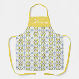 Lemon Blue Watercolor French Country Name Monogram エプロン