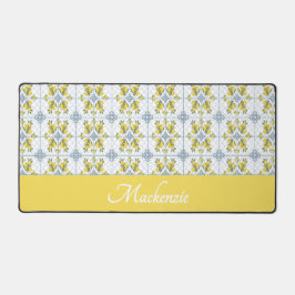 Lemon Blue Watercolor French Country Name Monogram デスクマット