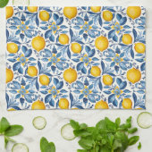 Lemon Botanical Blue and Yellow Summer Print キッチンタオル (折り畳み)