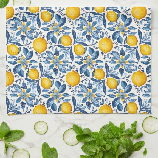 Lemon Botanical Blue and Yellow Summer Print キッチンタオル (折り畳み)