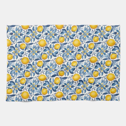 Lemon Botanical Blue and Yellow Summer Print キッチンタオル (横)