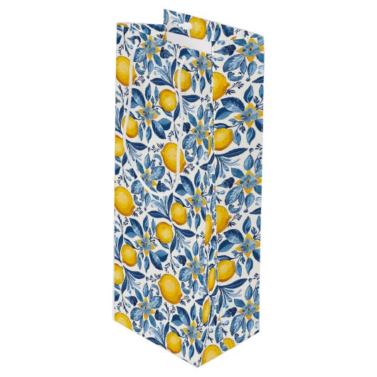 Lemon Botanical Blue and Yellow Summer Print ワインギフトバッグ (正面アングル)