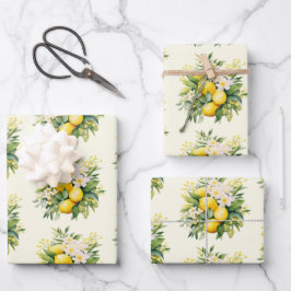 Lemon Bouquet with White Blossoms Pattern ラッピングペーパーシート