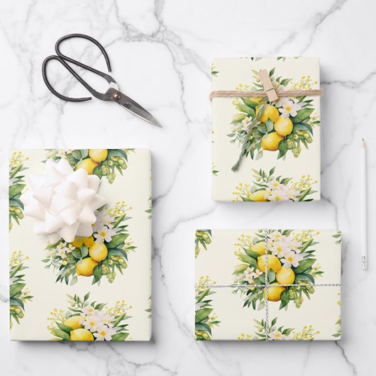 Lemon Bouquet with White Blossoms Pattern ラッピングペーパーシート (正面)