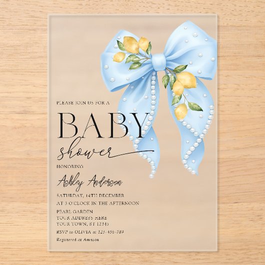 Lemon Bow Pearl Baby Shower アクリル招待状 (正面)