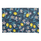 Lemon branches with blossoms and fruit on blue 枕カバー (正面左)