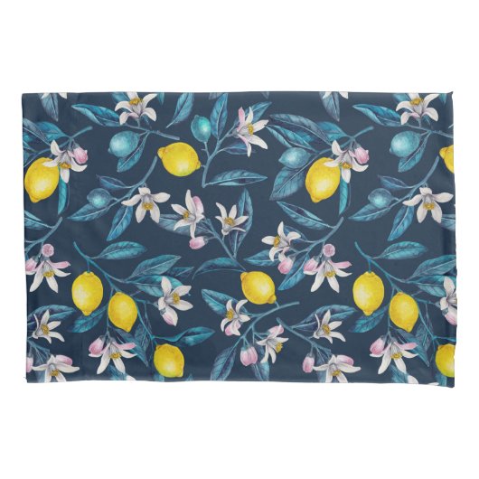 Lemon branches with blossoms and fruit on blue 枕カバー (正面左)
