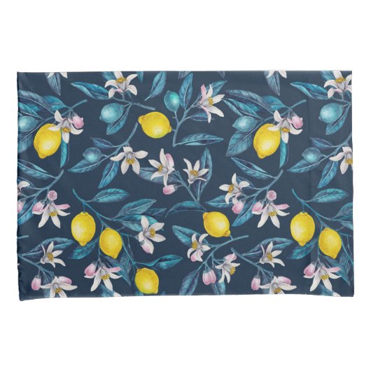 Lemon branches with blossoms and fruit on blue 枕カバー (正面右)