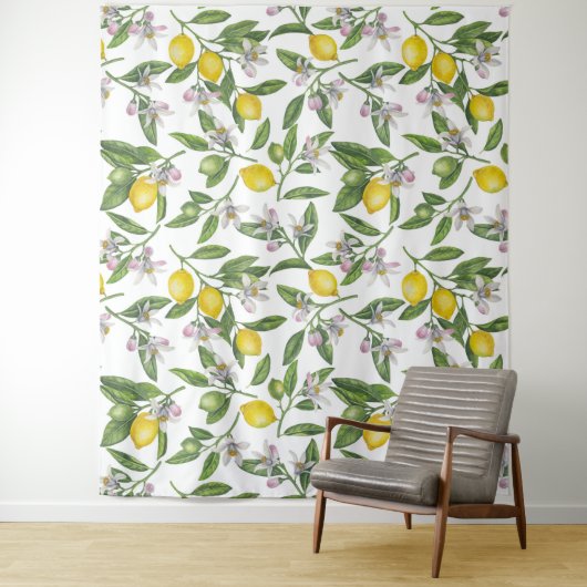 Lemon branches with blossoms and fruit on white タペストリー (インサイチュ)