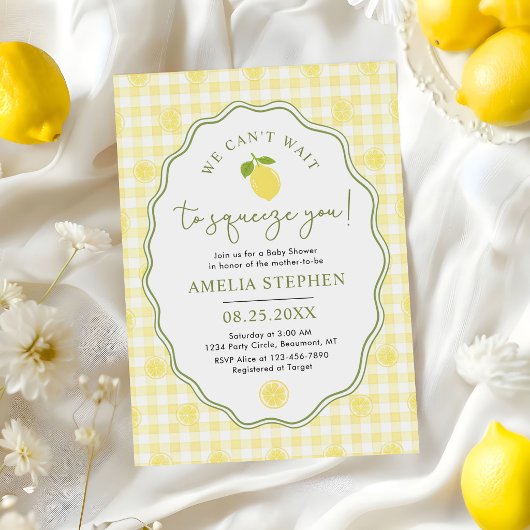 Lemon Citrus Baby Shower Yellow Gingham 招待状