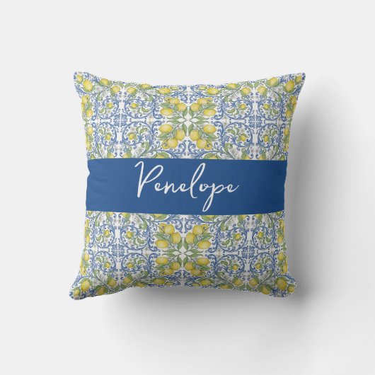 Lemon Citrus Blue Mediterranean Italian Pattern クッション (裏面)