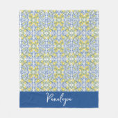 Lemon Citrus Blue Mediterranean Tile Pattern フリースブランケット (正面)