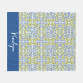 Lemon Citrus Blue Mediterranean Tile Pattern フリースブランケット (正面(横))