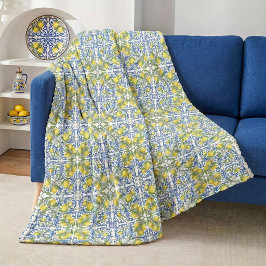 Lemon Citrus Blue Mediterranean Tile Pattern フリースブランケット