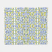 Lemon Citrus Blue Mediterranean Tile Pattern フリースブランケット (正面(横))