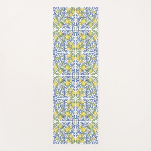 Lemon Citrus Blue Mediterranean Tile Pattern ヨガマット (正面)