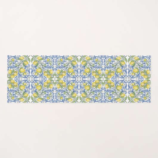 Lemon Citrus Blue Mediterranean Tile Pattern ヨガマット (正面(横))