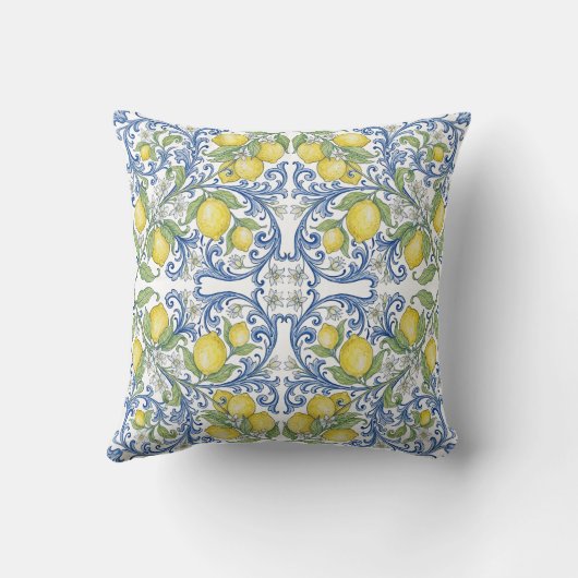 Lemon Citrus Blue Scroll Italian Tile Pattern クッション (裏面)