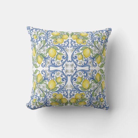 Lemon Citrus Blue Scroll Italian Tile Pattern クッション (正面)
