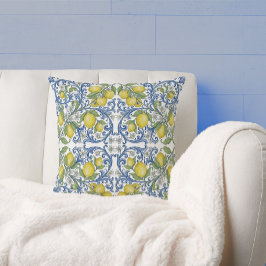 Lemon Citrus Blue Scroll Italian Tile Pattern クッション