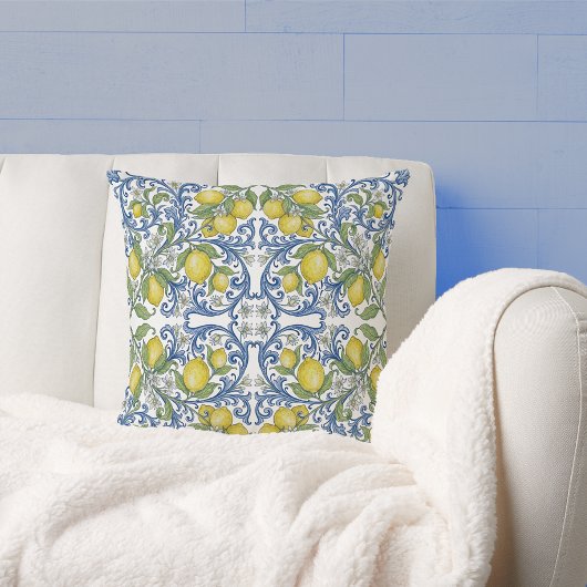 Lemon Citrus Blue Scroll Italian Tile Pattern クッション