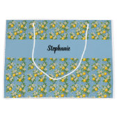 Lemon Citrus Blue Tile Pattern Monogram Name ラージペーパーバッグ (正面)