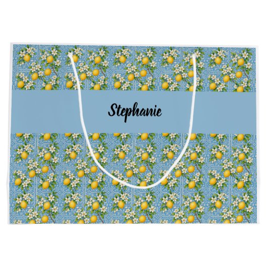 Lemon Citrus Blue Tile Pattern Monogram Name ラージペーパーバッグ (裏面)