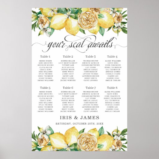 Lemon Citrus Floral Greenery Wedding Seating Chart ポスター (正面)