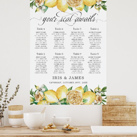 Lemon Citrus Floral Greenery Wedding Seating Chart ポスター (キッチン)