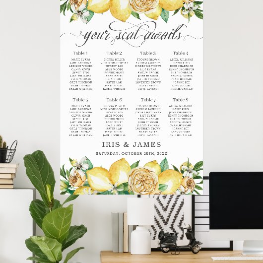 Lemon Citrus Floral Greenery Wedding Seating Chart ポスター (ホームオフィス)