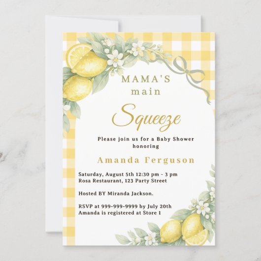 Lemon citrus gingham main squeeze bow Baby Shower 招待状 (正面)