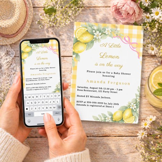Lemon citrus gingham pink bow girl Baby Shower 招待状