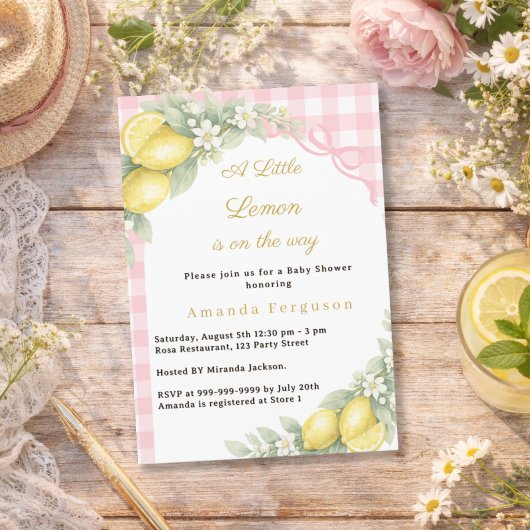 Lemon citrus gingham pink bow girl Baby Shower 招待状