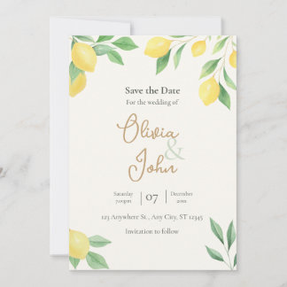 Lemon Citrus Greenery Save the Date Photo Back 招待状