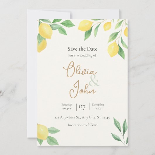 Lemon Citrus Greenery Save the Date Photo Back 招待状 (正面)