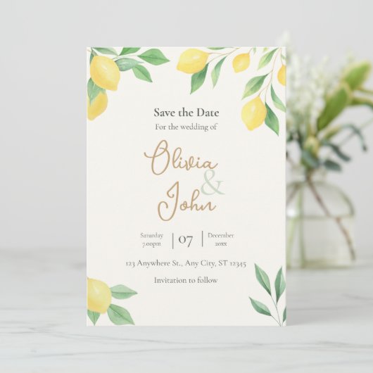 Lemon Citrus Greenery Save the Date Photo Back 招待状 (スタンド正面)