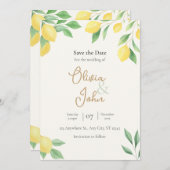 Lemon Citrus Greenery Save the Date Photo Back 招待状 (正面/裏面)