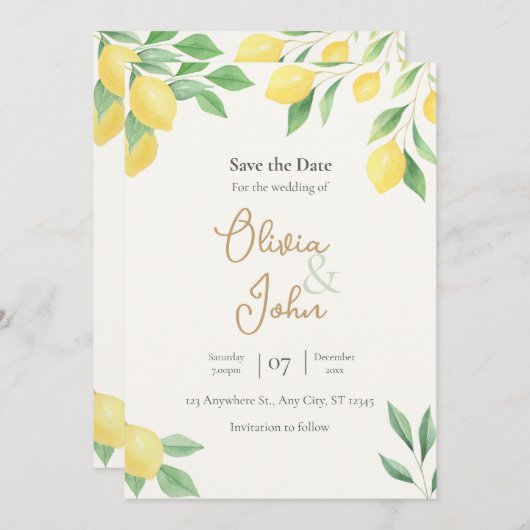 Lemon Citrus Greenery Save the Date Photo Back 招待状 (正面/裏面)