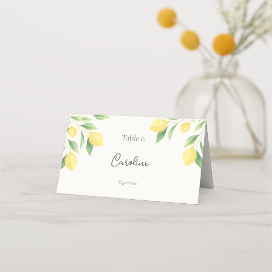 Lemon Citrus Greenery Wedding Place Card with Meal プレイスカード (正面)