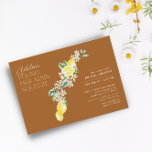 Lemon Citrus Main Squeeze Terracotta Bridal Shower 招待状<br><div class="desc">Main Squeeze a unique take on a beautiful invitation, featuring an arrangement of lemons, flowers and leaves along with a header that reads "Name of bride found her main squeeze" over a dark blue background that makes the illustration pop. Other color combination available. If you need a piece that is...</div>